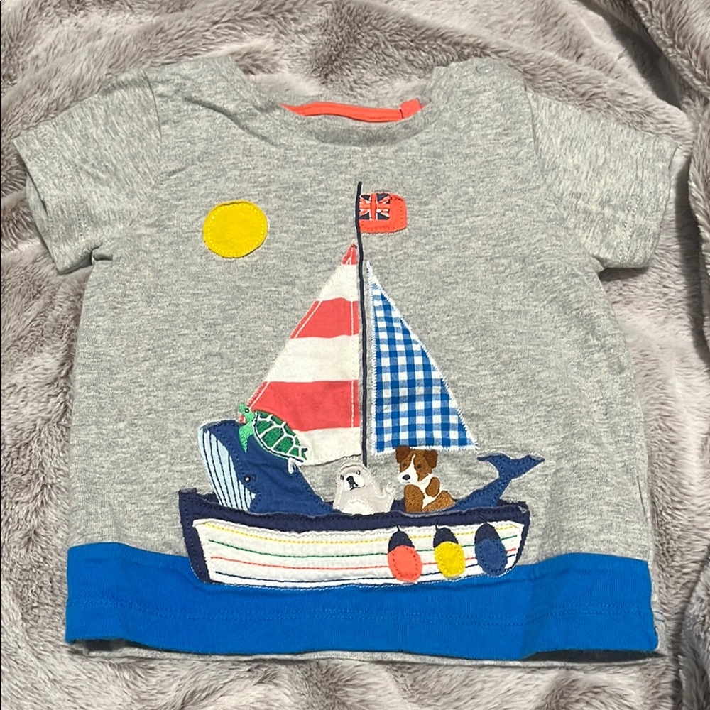 Baby Boden - Gray Nautical Shirt with Blue Trim and Appliqués